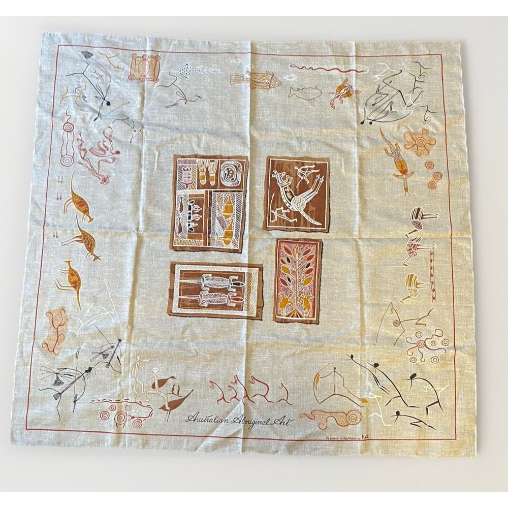 Vtg Rustic Linen Tablecloth Australian Aboriginal Art Print Design 48x51 Textile